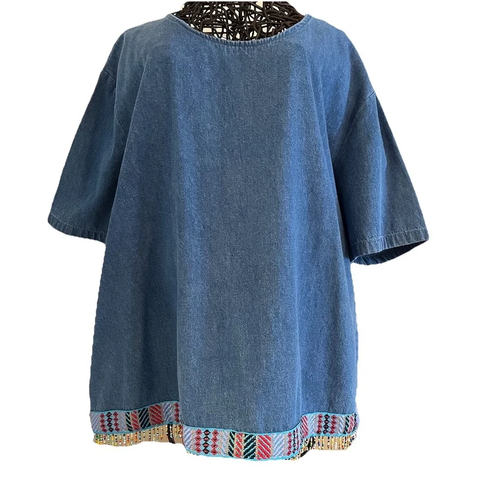 Vtg Women's‎ Beaded Denim Top Cropped Pants Set XL Grandmacore Tribal